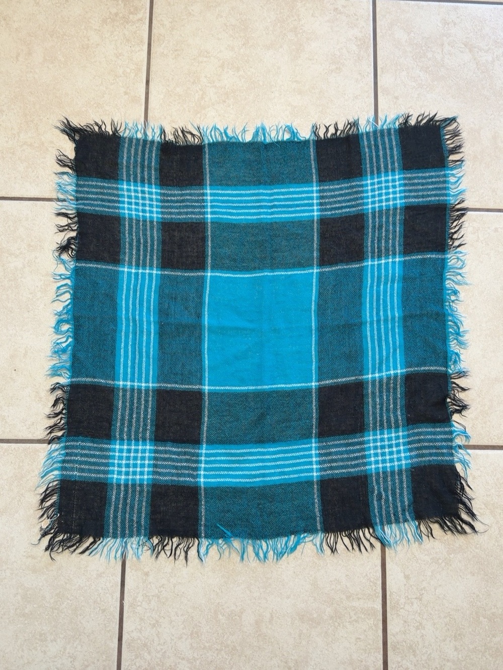Teal Black Plaid Square Scarf Fringed Tartan Wrap Unisex